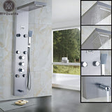 Waterfall 6pc Massage Jets Rain Shower Column Thermostatic Mixer Shower Faucet Tower W/Hand Shower Tub Spout Black Shower Panel