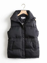 2022 Autumn Winter Women Solid Loose Vest Drawstring Stand Collar Long Vest Jacket Cotton Padded Women Windproof Warm Waistcoat