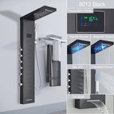 Waterfall 6pc Massage Jets Rain Shower Column Thermostatic Mixer Shower Faucet Tower W/Hand Shower Tub Spout Black Shower Panel