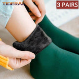 3 Pairs/Set Women's Winter Warm Socks Thicken Thermal Nylon Solid Color Socks Soft Snow Velvet Boots Floor Sleep Black Sock