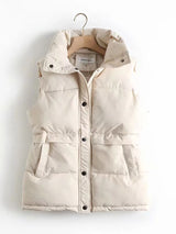 2022 Autumn Winter Women Solid Loose Vest Drawstring Stand Collar Long Vest Jacket Cotton Padded Women Windproof Warm Waistcoat